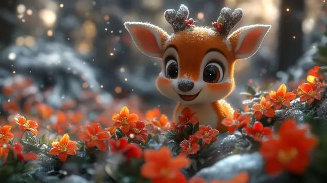 Niedliches Rentier in winterlicher Blumenlandschaft