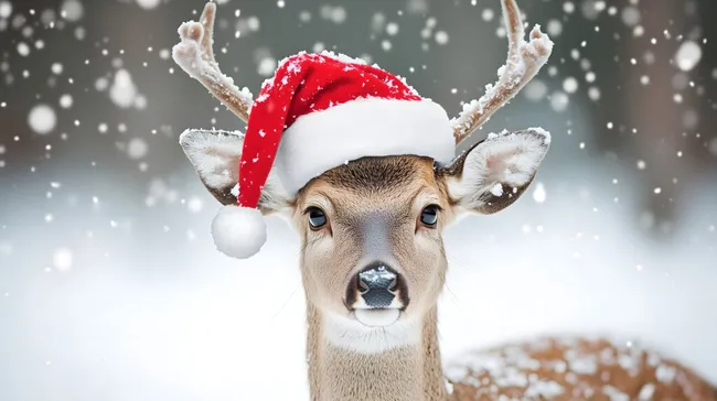 Niedliches Rentier mit Weihnachtsmütze im Schneegestöber