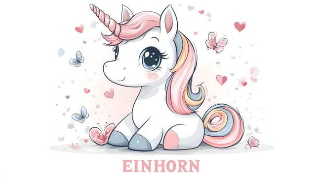 Niedliches rosa Einhorn mit Herzen und Schmetterlingen