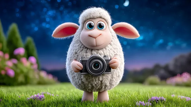 Niedliches Schaf fotografiert auf nächtlicher Wiese