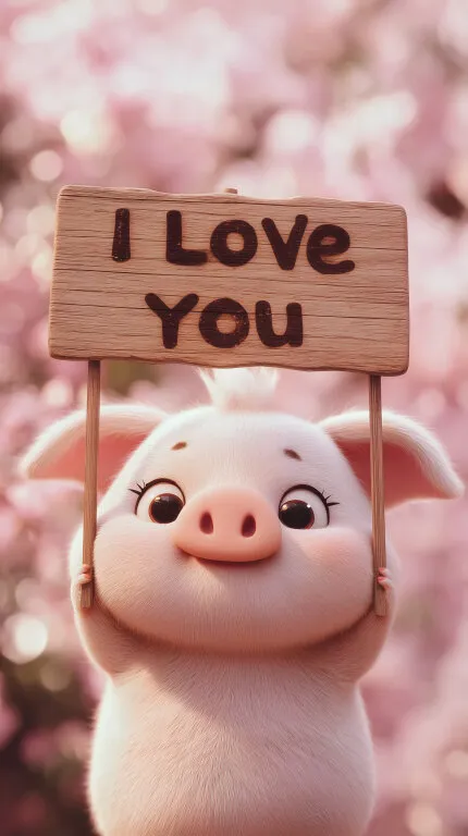 Niedliches Schwein mit Holzschild 'I Love You'