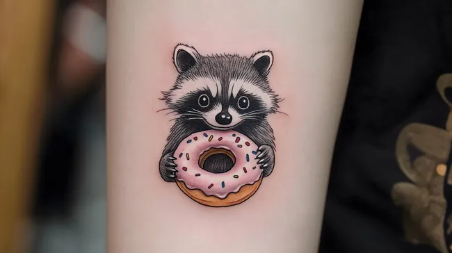 Niedliches Waschbär-Tattoo mit Donut in Comic-Optik