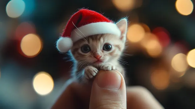 Niedliches Weihnachtskätzchen in roter Mütze