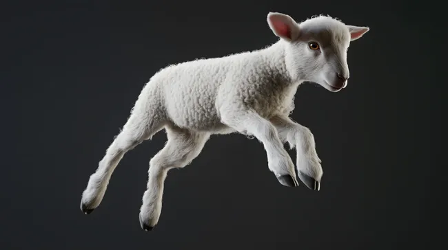 Niedliches weißes Lamm springt vor schwarzem Hintergrund