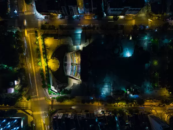 Night Drone Photo of Performance Art Theatre and Pham Ngu Lao Street at 23/9 Park in Ho Chi Minh City, Vietnam