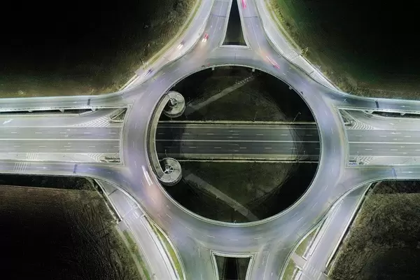 Night view of roundabout from drone