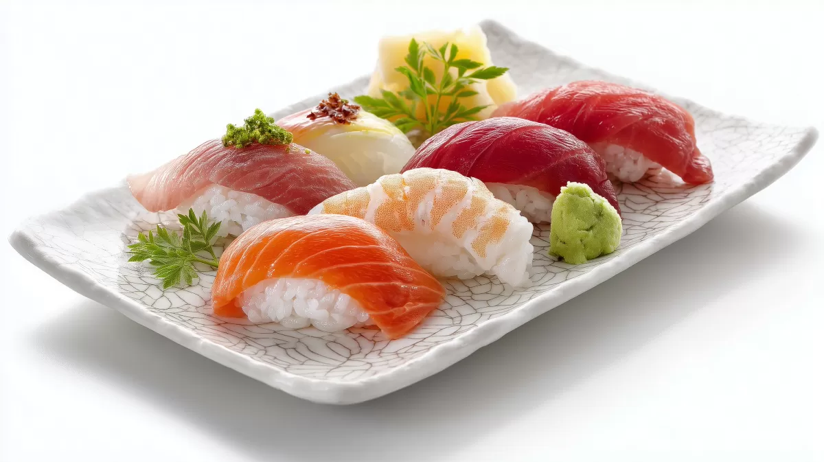 Nigiri Sushi Platte mit Lachs, Thunfisch und Garnele