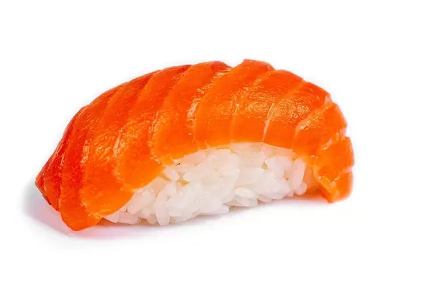 Nigiri with salmon on a white background