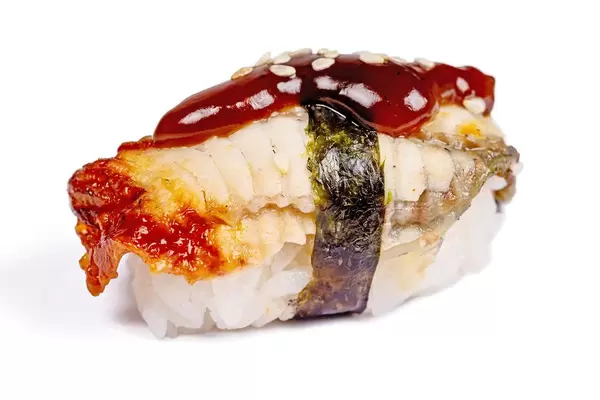 Nigiri with sea eel fillet on white background