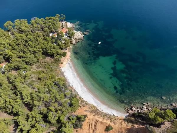 No people on the beach at the back of Kokkinokastro. Aerial view of Greek island landscape