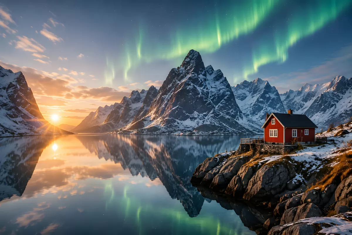 Nordlichter über Fjord mit rotem Haus in Norwegen
