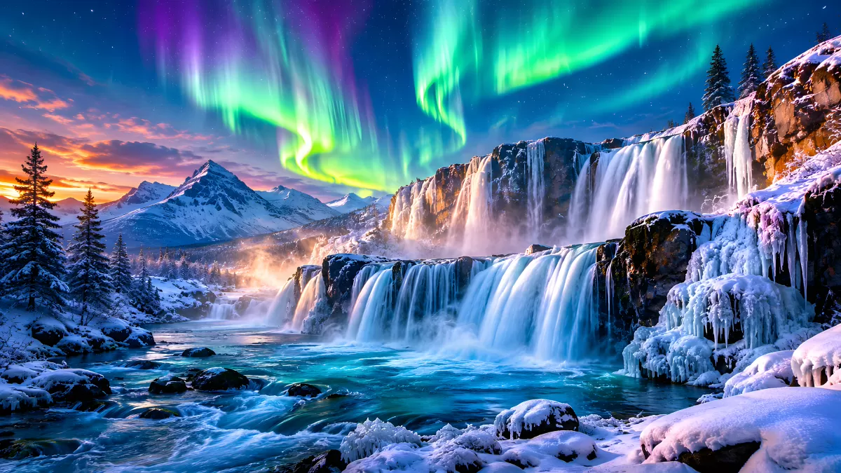Nordlichter über gefrorenem Wasserfall im Winter
