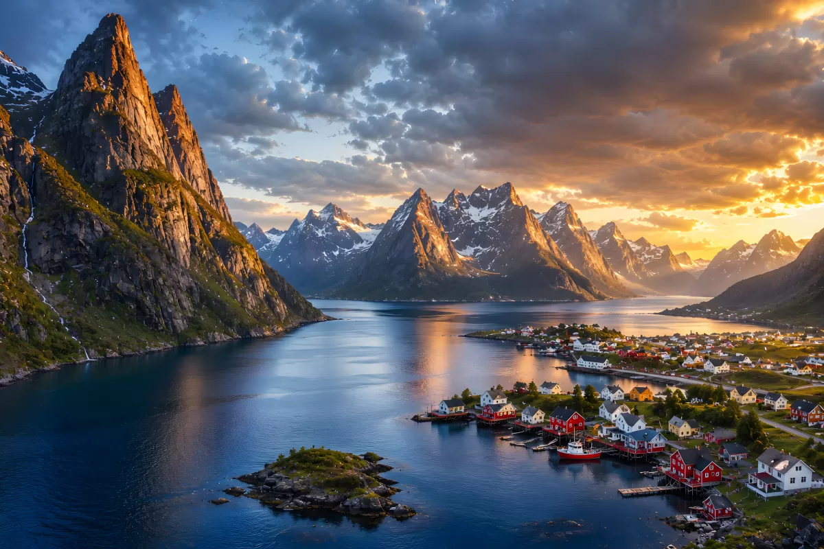 Norwegisches Fischerdorf im Abendlicht der Lofoten