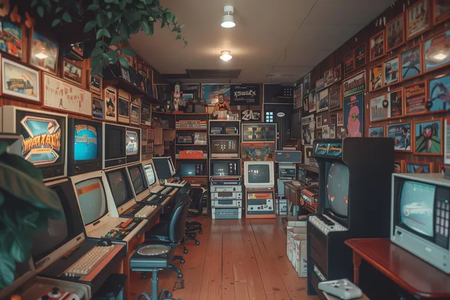 Nostalgie-Raum voller Videospiele und Elektronik
