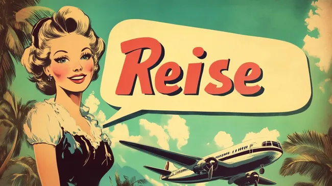 Nostalgie-Reisewerbung mit Flugzeug und lächelnder Frau