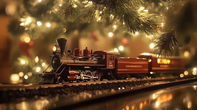 Nostalgische Spielzeugeisenbahn im Weihnachtslicht