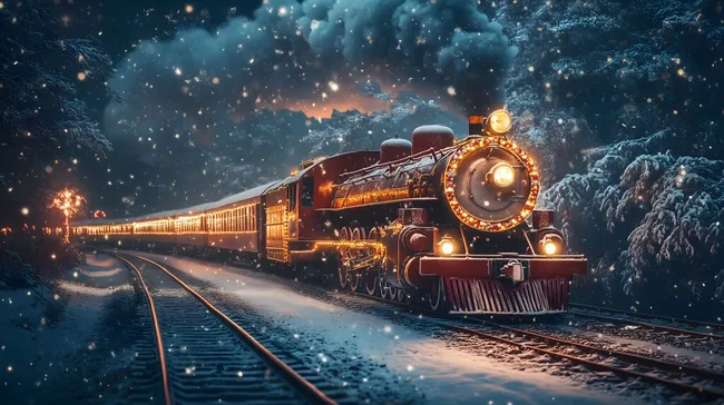 Nostalgischer Weihnachtszug im schneebedeckten Winterwunderland