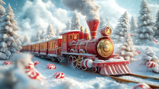 Nostalgischer Weihnachtszug in verschneiter Winterlandschaft