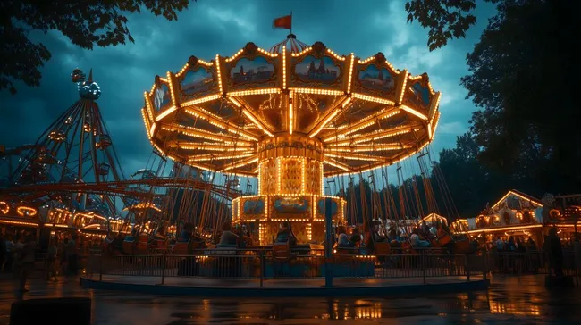 Nostalgisches Karussell mit festlicher Beleuchtung bei Nacht