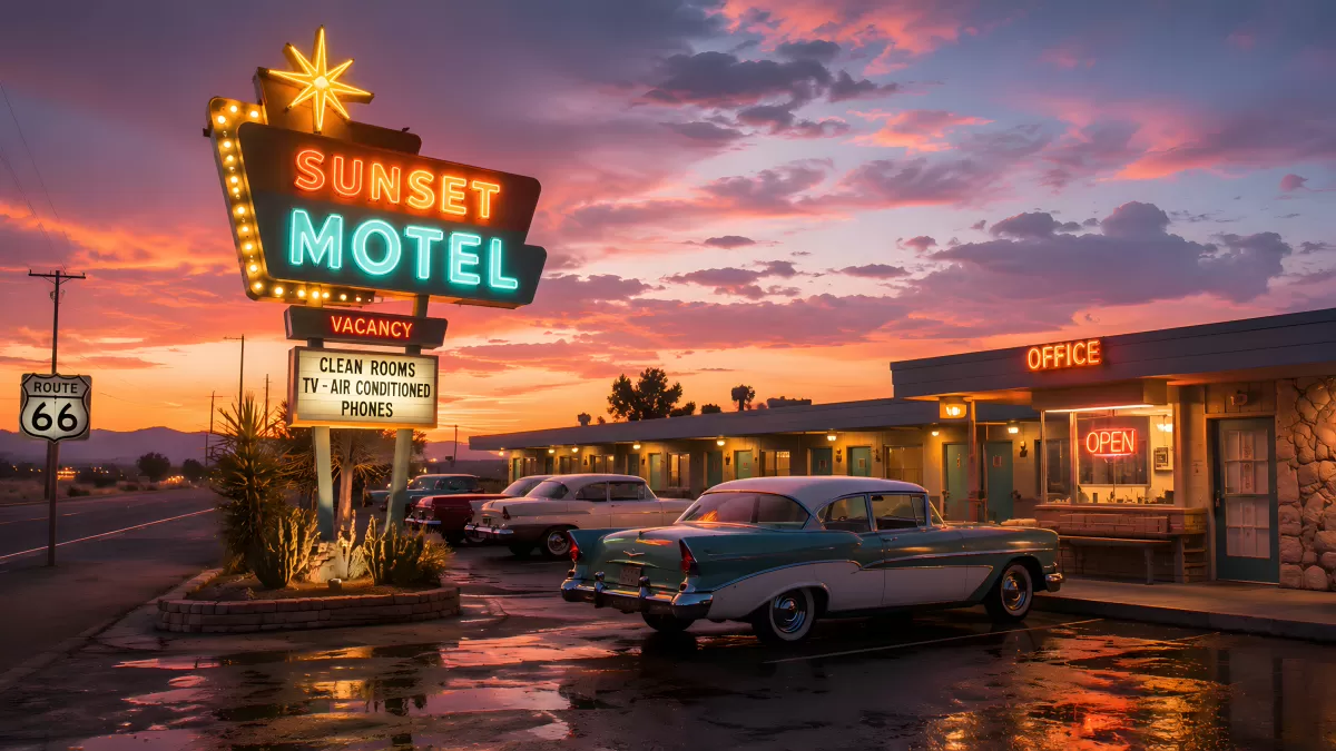 Nostalgisches Neon-Motel an der Route 66 bei Sonnenuntergang