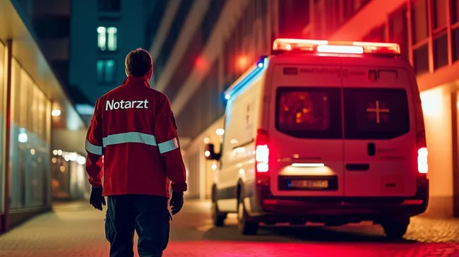 Notarzt bei nächtlichem Einsatz mit Rettungswagen
