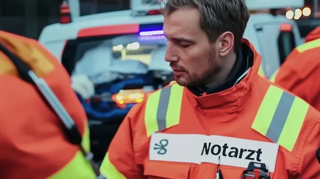 Notarzt im Einsatz mit Rettungsteam bei Nacht