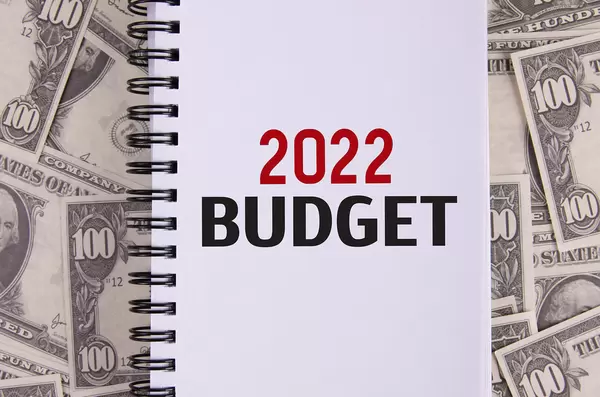Notebook with 2022 Budget text on dollar banknotes