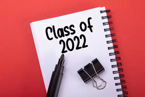Notebook with Class of 2022 text on red background