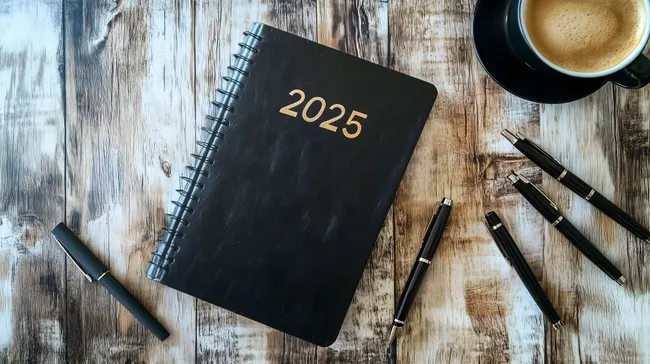 Notizbuch für 2025 auf Holztisch mit Kaffeetasse
