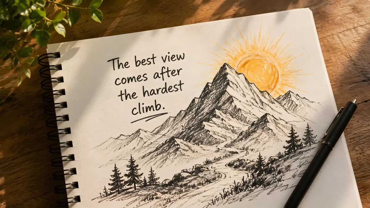 Notizbuch mit Bergzeichnung und motivierendem Spruch