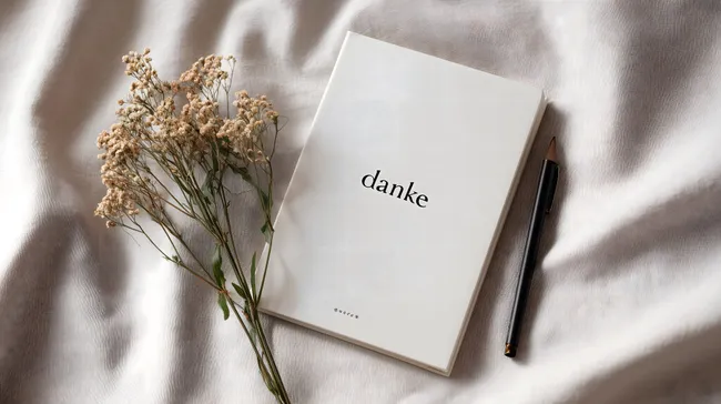 Notizbuch mit Danke-Schriftzug auf Stoff-Oberfläche