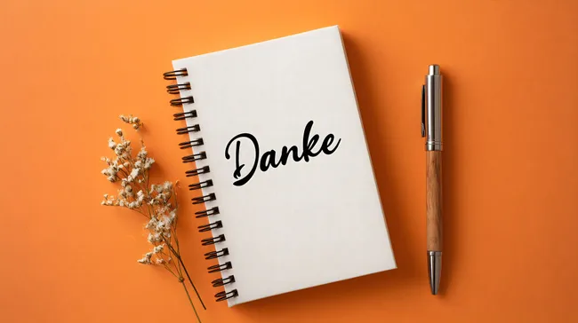 Notizbuch mit handgeschriebenem Dank auf orangefarbenem Hintergrund
