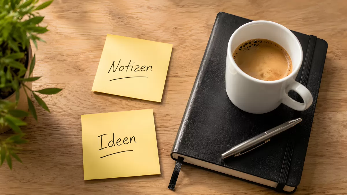 Notizbuch mit Kaffee und Haftnotizen auf Holztisch