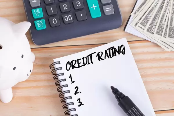 Notizbuch mit Text Credit Rating, Sparschwein, Taschenrechner und Dollar Geldscheine auf einem Holztisch