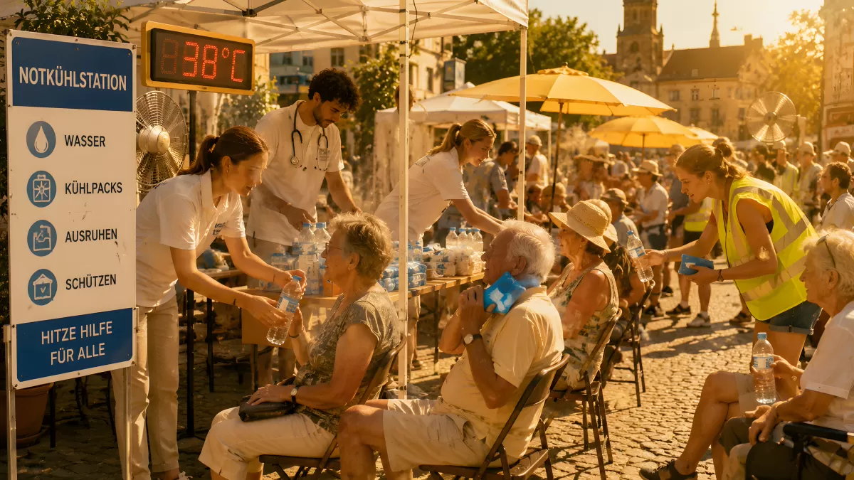 Notkühlstation bei 38 Grad Hitze in deutscher Stadt