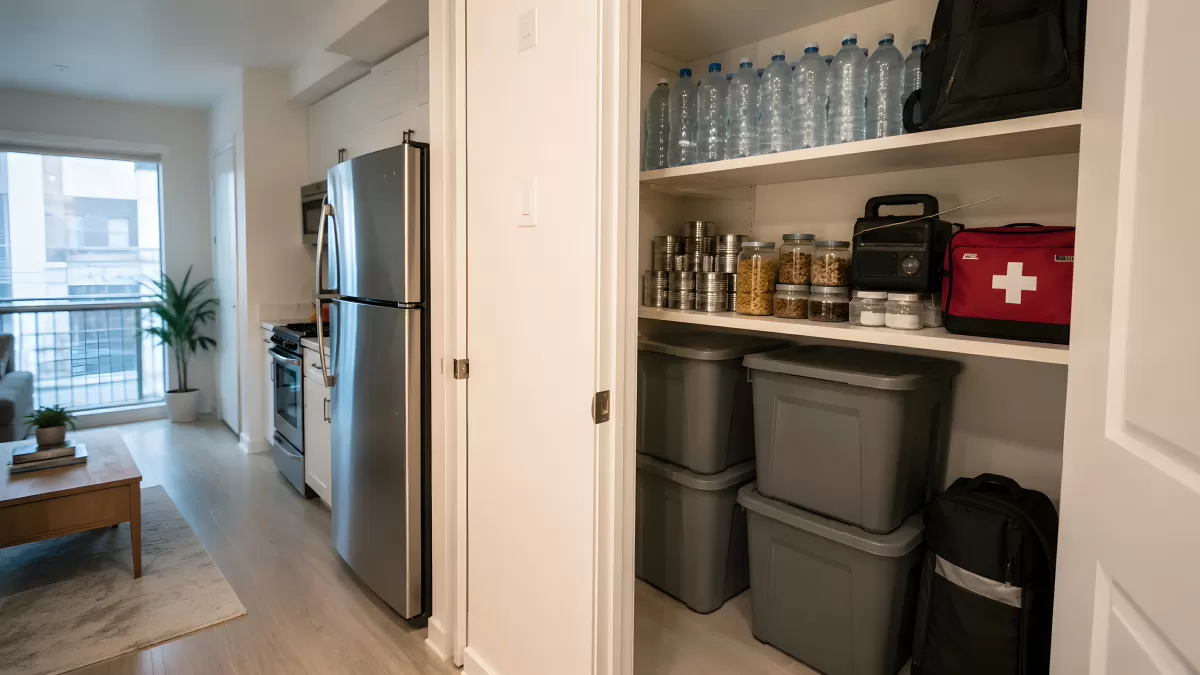 Notvorrat-Schrank mit Wasserflaschen und Erste-Hilfe-Set