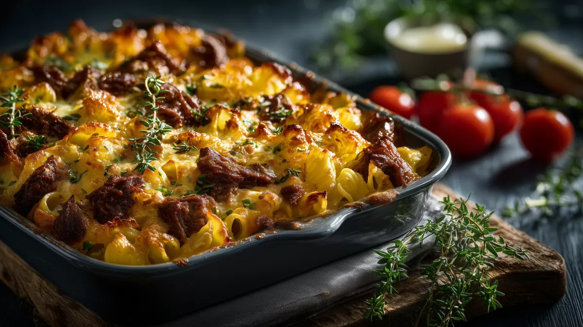 Nudelauflauf mit Rindergulasch überbacken mit Käse