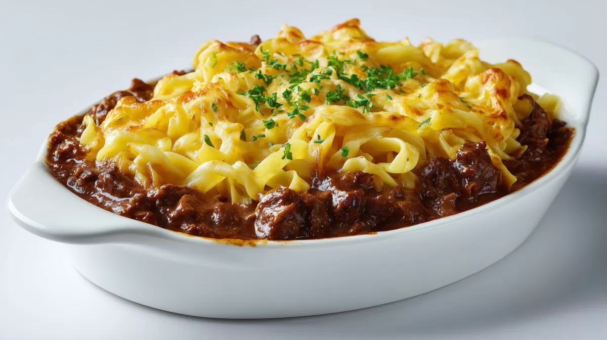 Nudelauflauf mit Rindergulasch und Käsekruste