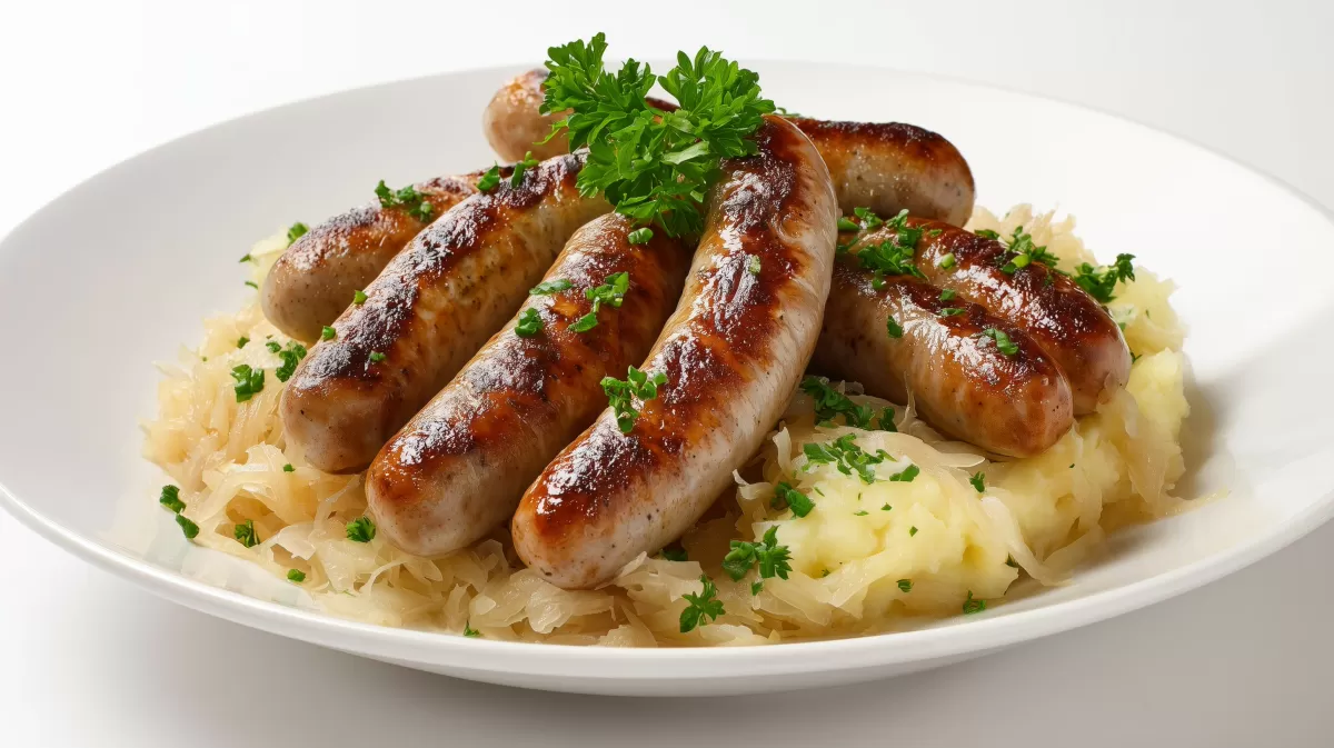 Nürnberger Bratwurst mit Sauerkraut auf weißem Teller