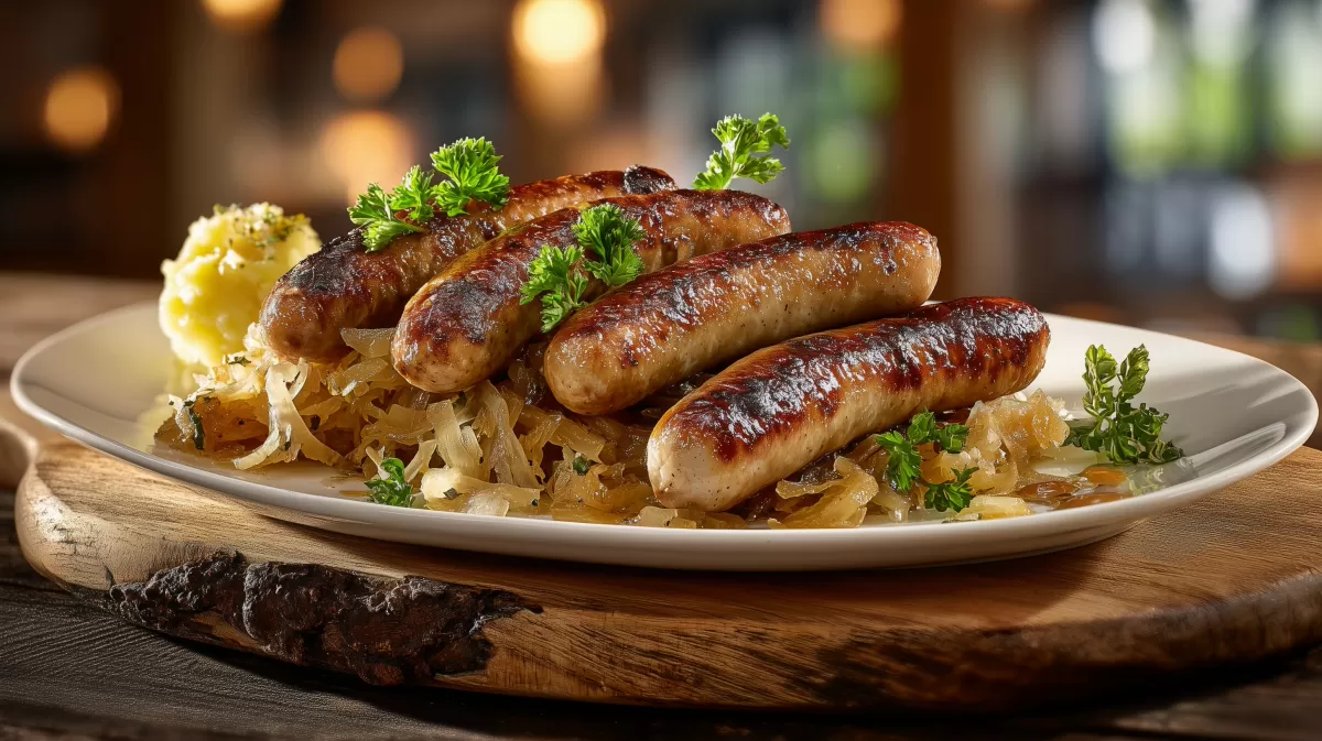 Nürnberger Bratwurst mit Sauerkraut photorealistisch serviert