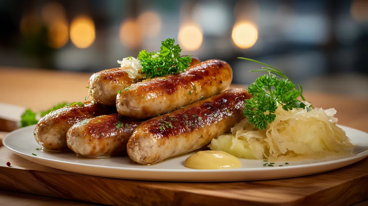 Nürnberger Bratwurst mit Sauerkraut photorealistisch