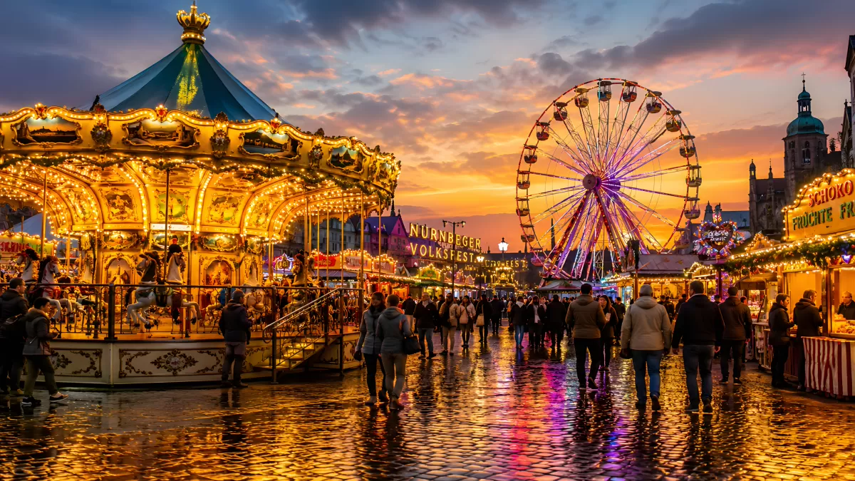 Nürnberger Volksfest mit Karussell bei Abenddämmerung