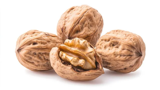 Nüsse in Nahaufnahme auf weißem Hintergrund