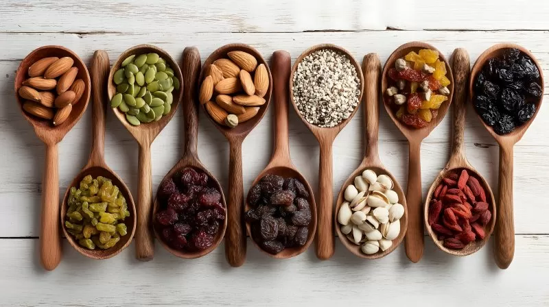 Nüsse Samen und Trockenfrüchte in Schüsseln und Löffeln