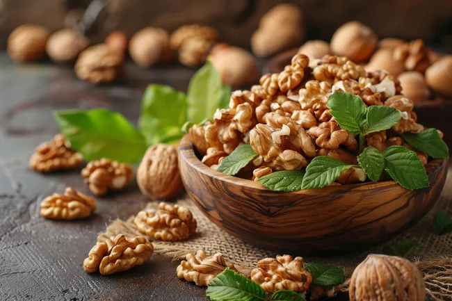 Nüsse und Blätter in hölziger Schale