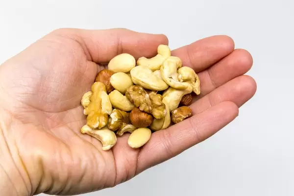 Nussmischung in Handfläche vor weißem Hintergrund