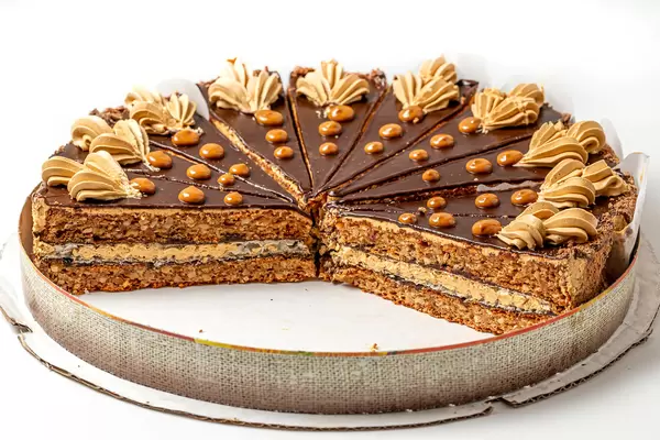 Nut cake with chocolate in a box