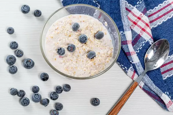 Oatmeal with blueberries. Top view