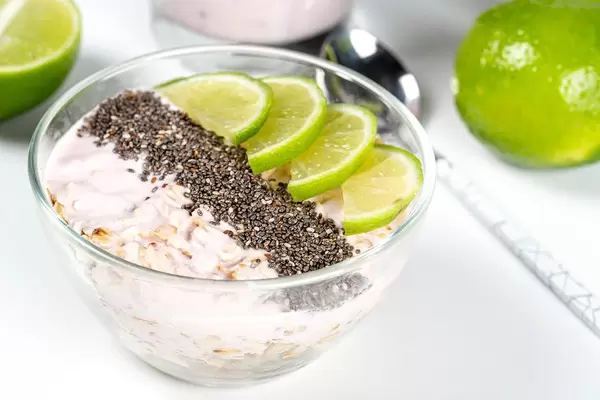 Oatmeal with chia seeds and lime, closeup