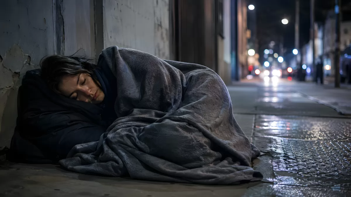 Obdachlose Frau schläft nachts auf dem Gehweg